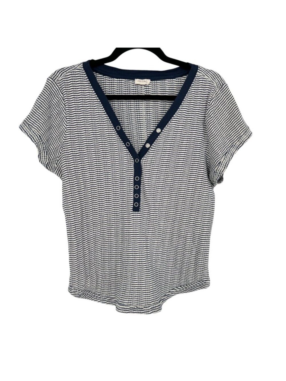 Pilcro Andie Henley Blue White Striped Short Sleeve Snap Detail Top Size XL